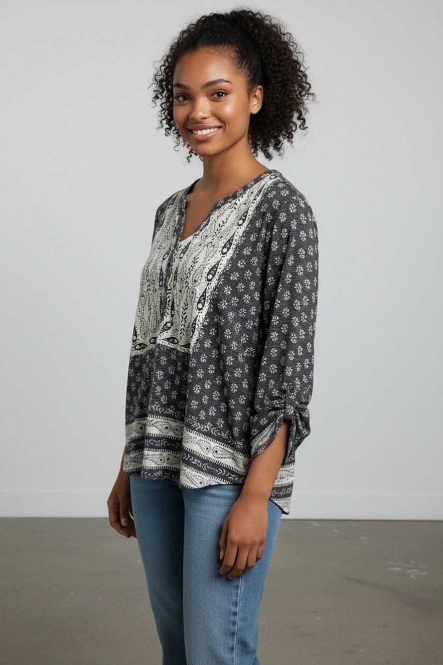 Style & Co Women's Blouse Paisley Floral Top V-Neck Size L Peasant Black White